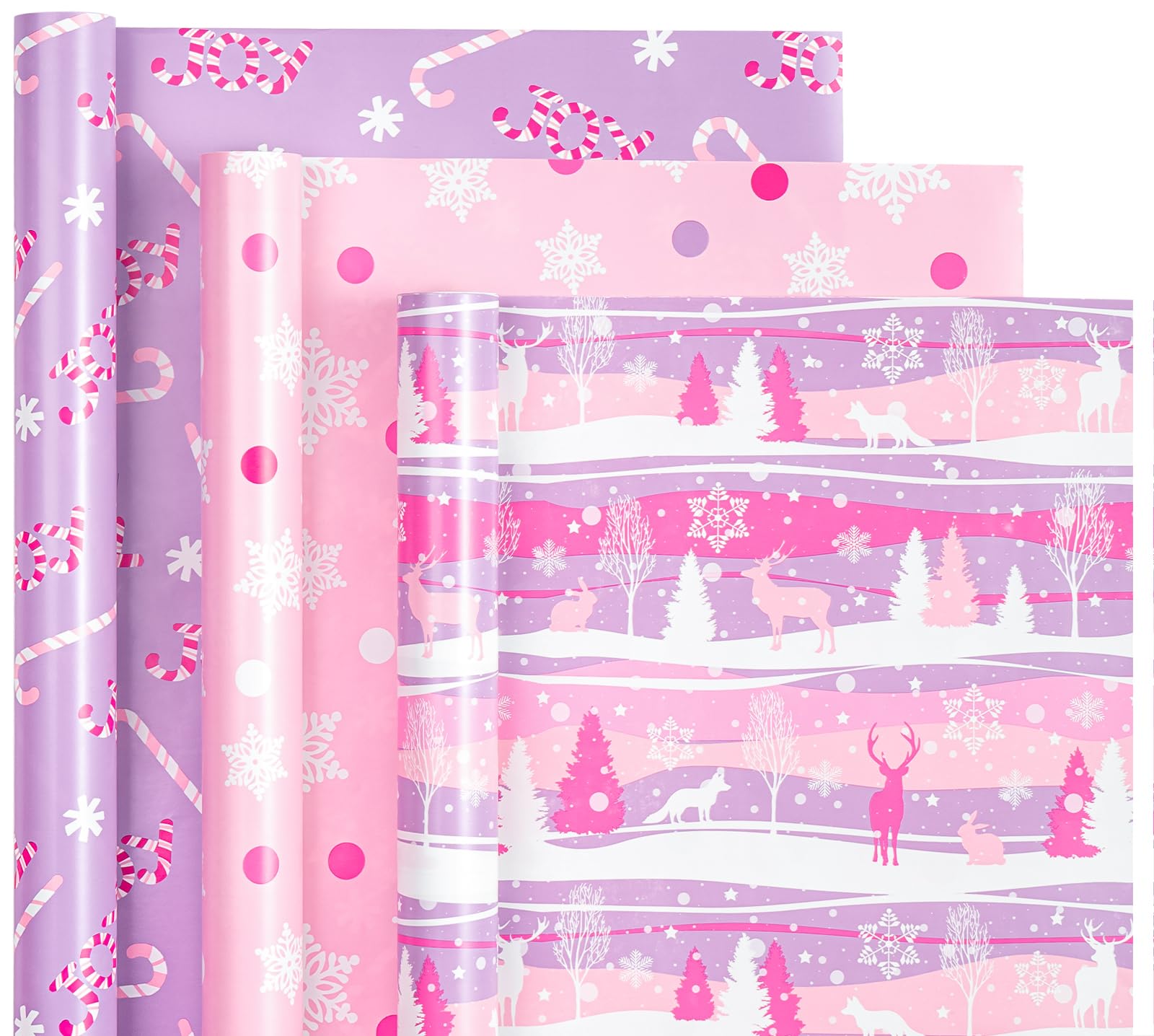 Photo 1 of *** ONLY ONE ROLL **WRAPAHOLIC Christmas Wrapping Paper Roll - Mini Roll - 1 ROLL - 17 Inch X 120 Inch Per Roll - Pastel Pink and Purple Reindeer, Candy Cane with JOY, Snowflake Holiday Collection