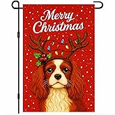BlissYard Christmas Garden Flag 12x18 Inch Welcome Cavalier King Charles Spaniel Outdoor Flag Double Sided Holiday Puppy Yard Banner with Antlers and Lights for Porch Lawn Patio