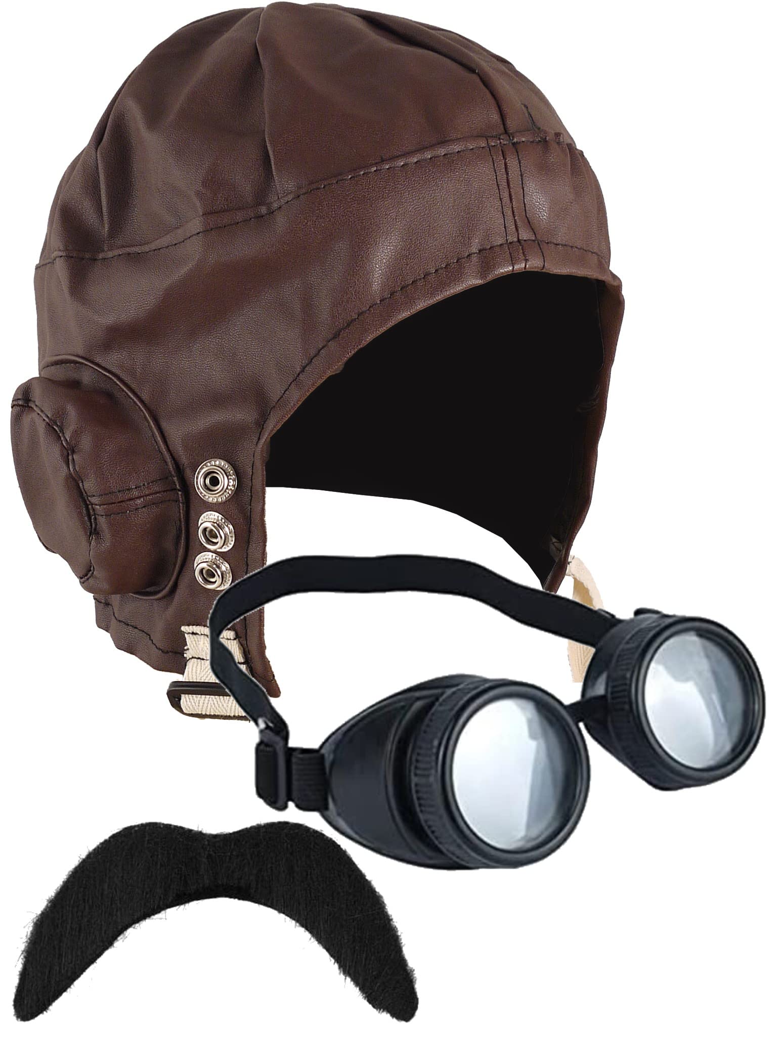 DreamzFit Aviator Pilot Hat, Goggles & Mustache Set | 1940s Wartime Steampunk Fancy Dress Costume for Men & Women (3PCs)