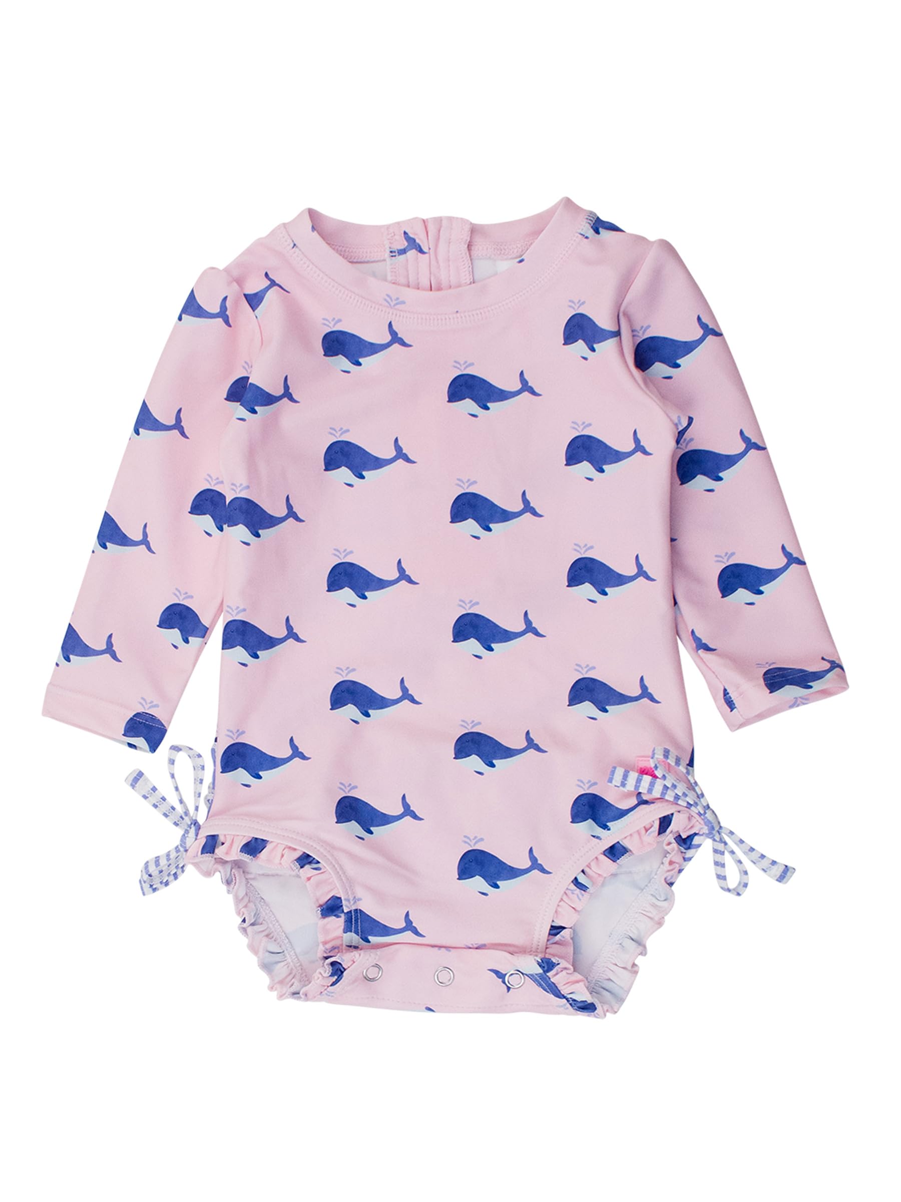 RuffleButts Baby Girls UPF 50+ Sun Protection Novelty Print Long Sleeve One Piece Rash Guard Swimsuit with Zipper - Pink Whale Friends, 2T Image