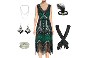 BONGZUO Women's 1920s Flapper Dress Vintage Lace Fringed Gatsby Cocktail Dress with 20s Accessories Set