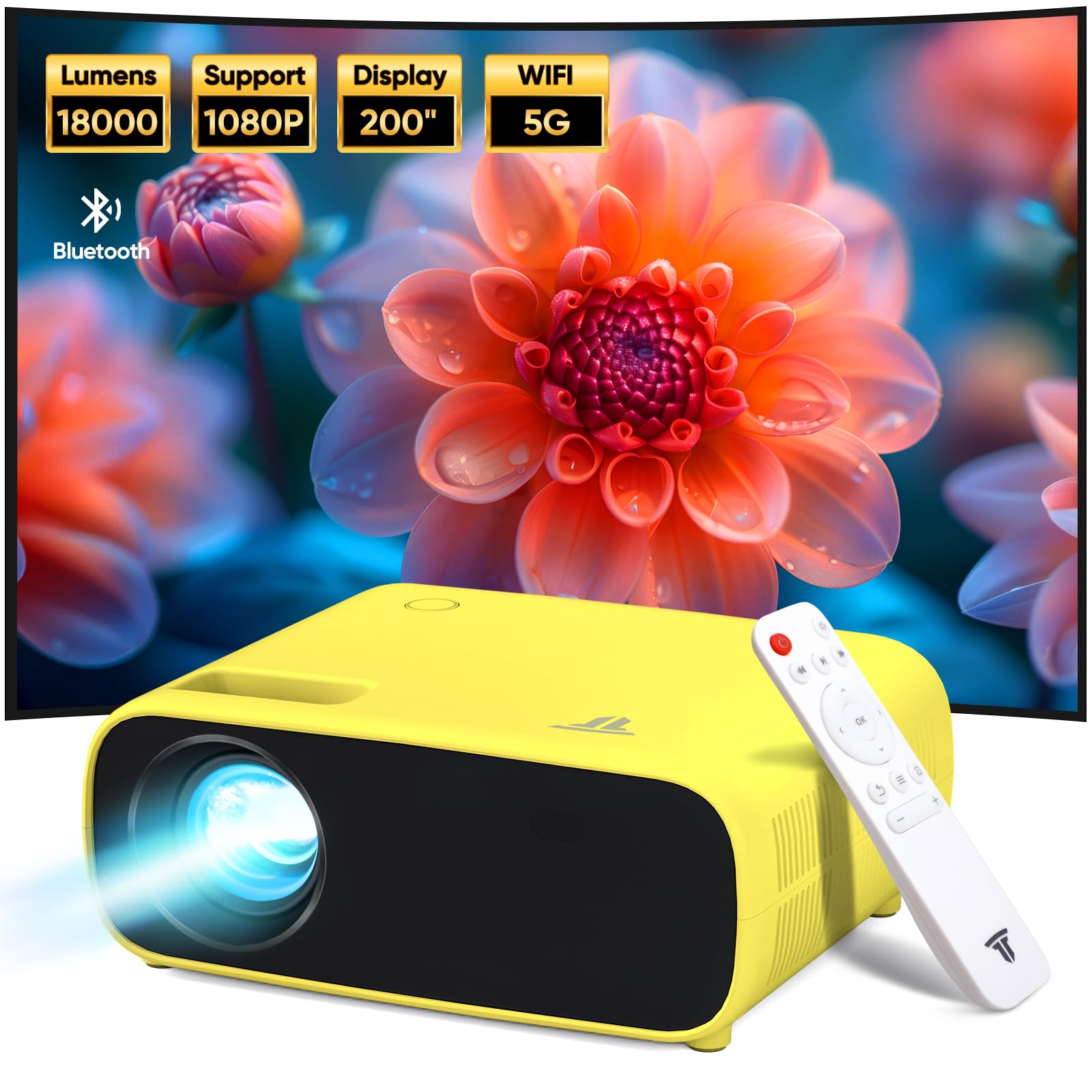 Photo 1 of Projector with Wifi and Bluetooth, 200" Projector Full HD 1080P Video Projector, 18000L Movie Projector Compatible with Android/iOS/Laptop/TV Stick/X-Box/HDMI/USB(YELLOW)