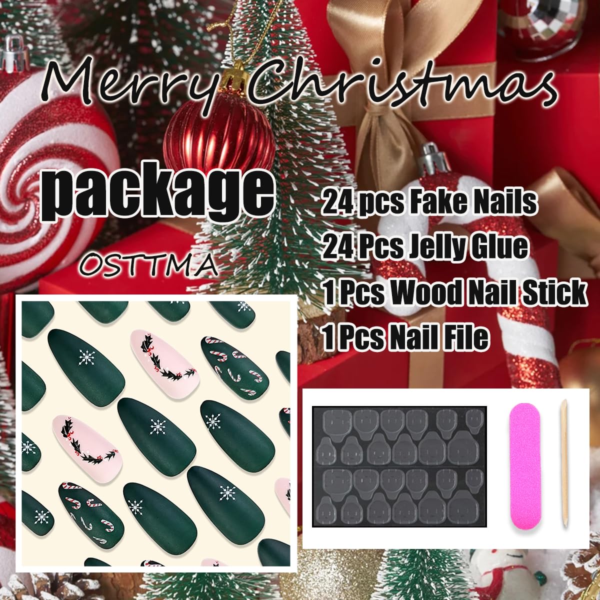 Christmas Press on Nails Medium Almond Fake Nails Winter Snowflake Acrylic Nails with Xmas Holly Candy Designs Full Cover Green Matte False Nails Cute Christmas Stick on Nails for Women, 24 Pcs - Image 6