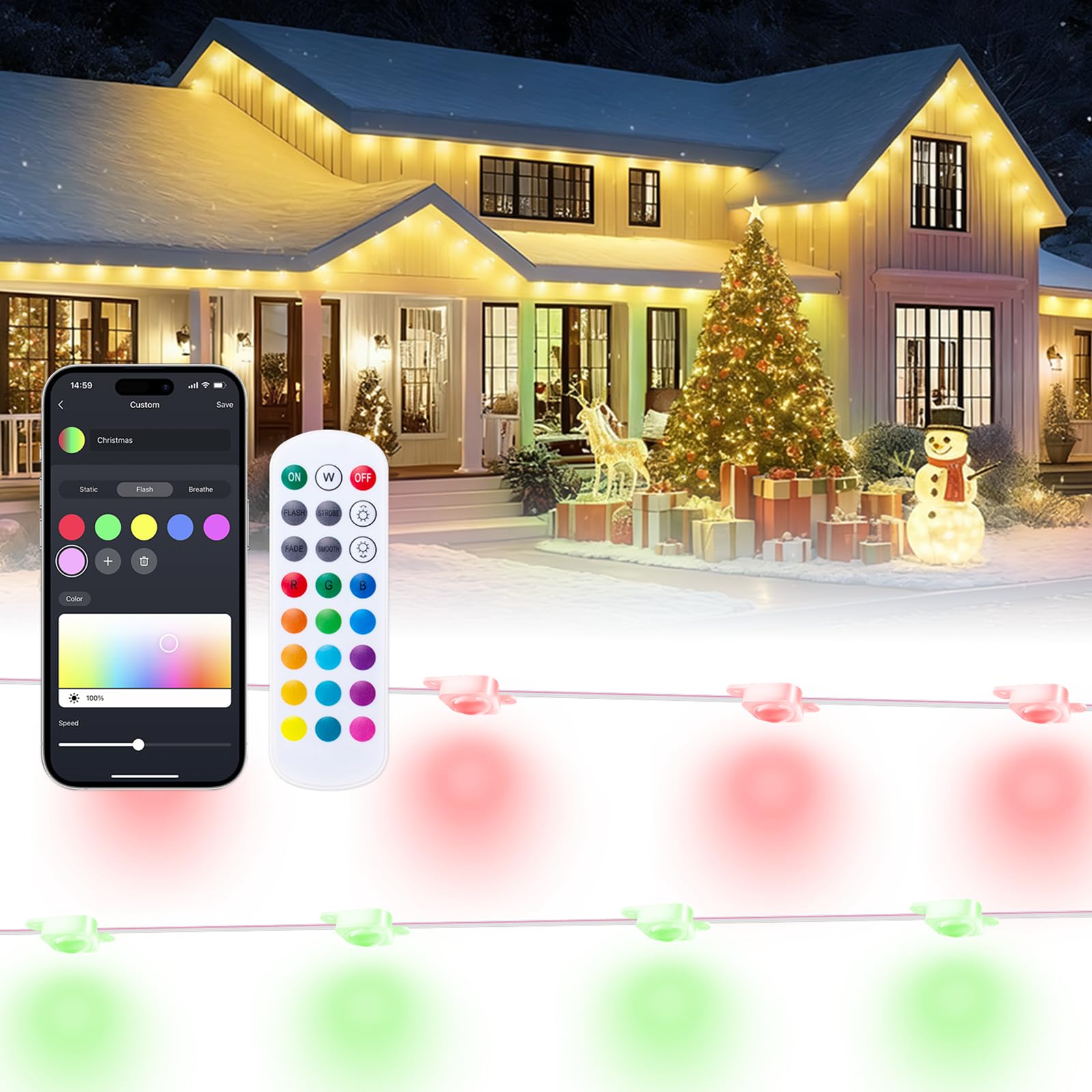 Smart 150FT Permanent Outdoor Lights, RGB LED Lights Outside with App Control - DIY Colors Scene Modes, IP67 Waterproof Eaves Lights for Christmas Halloween Holiday Daily House Roof Eternity Lighting