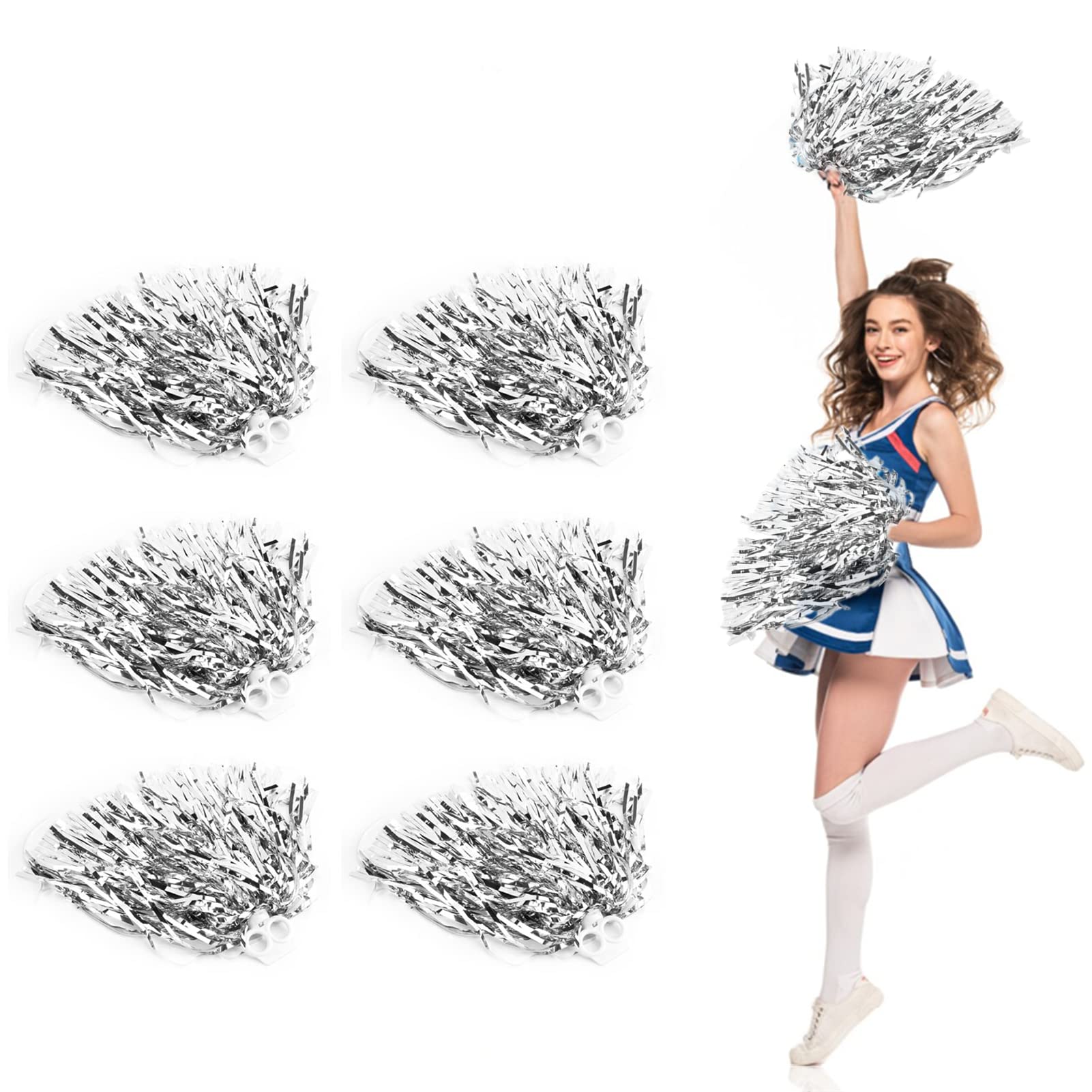 Dioche 6 Pack Cheerleading Pom Poms with Baton Handle, Cheerleader Cheering Squad Pompoms with Handle for Team Spirit Sports Party Dance Cheering Kids Adults (Silver)