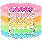 IDEAJOY Bohemian Colorful Beaded Bracelets for Women Boho Stackable Natural Stone Letter Clay Glass Beads Stretch Bracelet Set with Charm, Cute Rainbow Friendship Bracelets for Summer Vacation