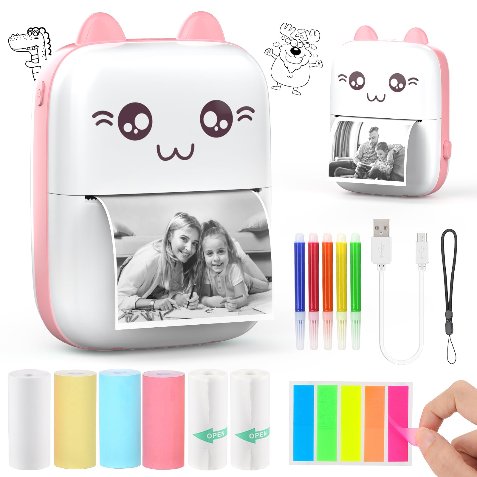 HuiJuKeJi Mini Sticker Printer Cat Bluetooth Smart Pocket Inkless Thermal Printer with 7 Rolls Thermal Paper and Sticker for iOS&Android, Portable Receipt Printer for Photo Journal Notes Memo - Pink