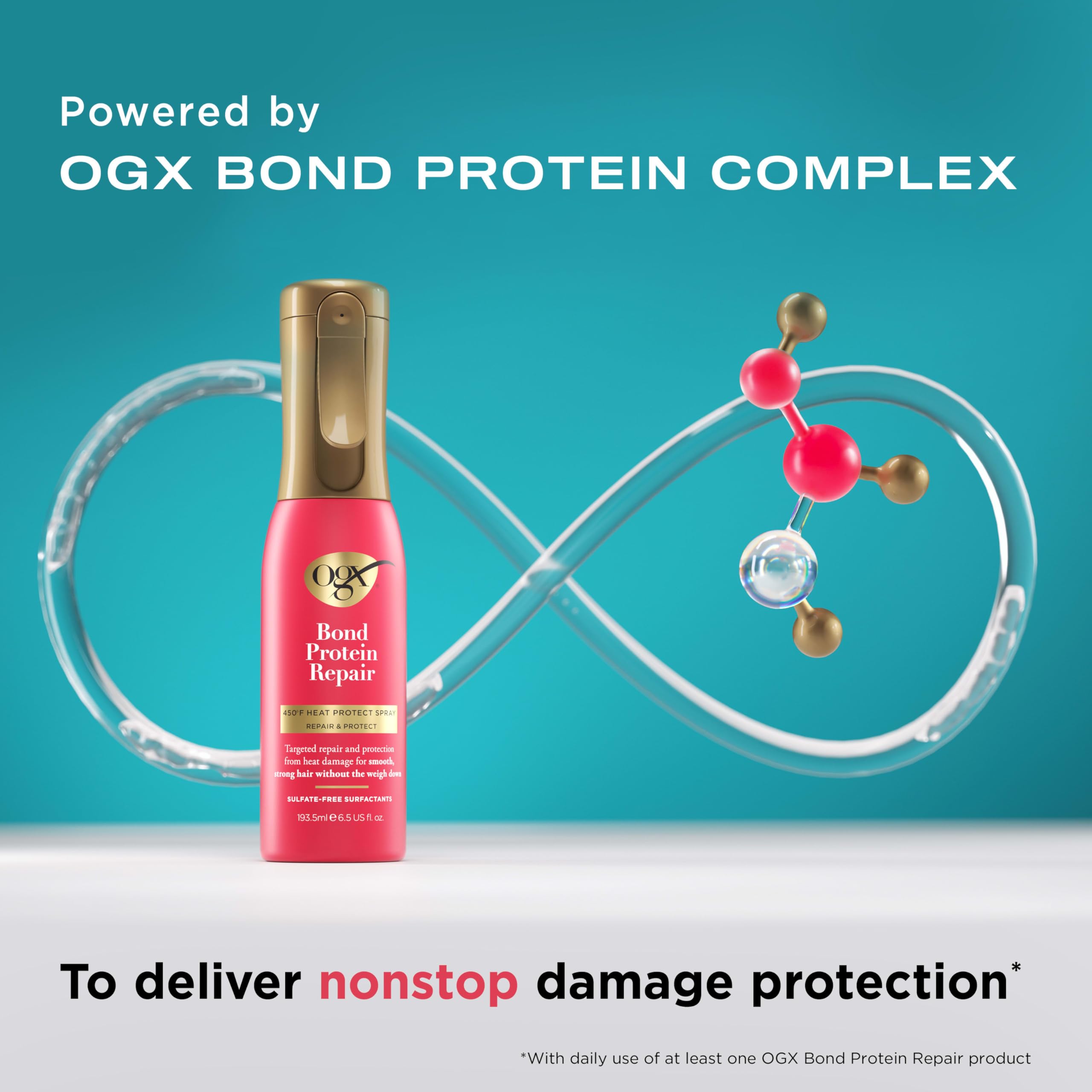 OGX Repair & Protect Bond Protein Repair 450°F Heat Protect Spray, Thermal Protection Spray for Targeted Damage Repair & Protection from Heat Damage, 6.5 fl. oz