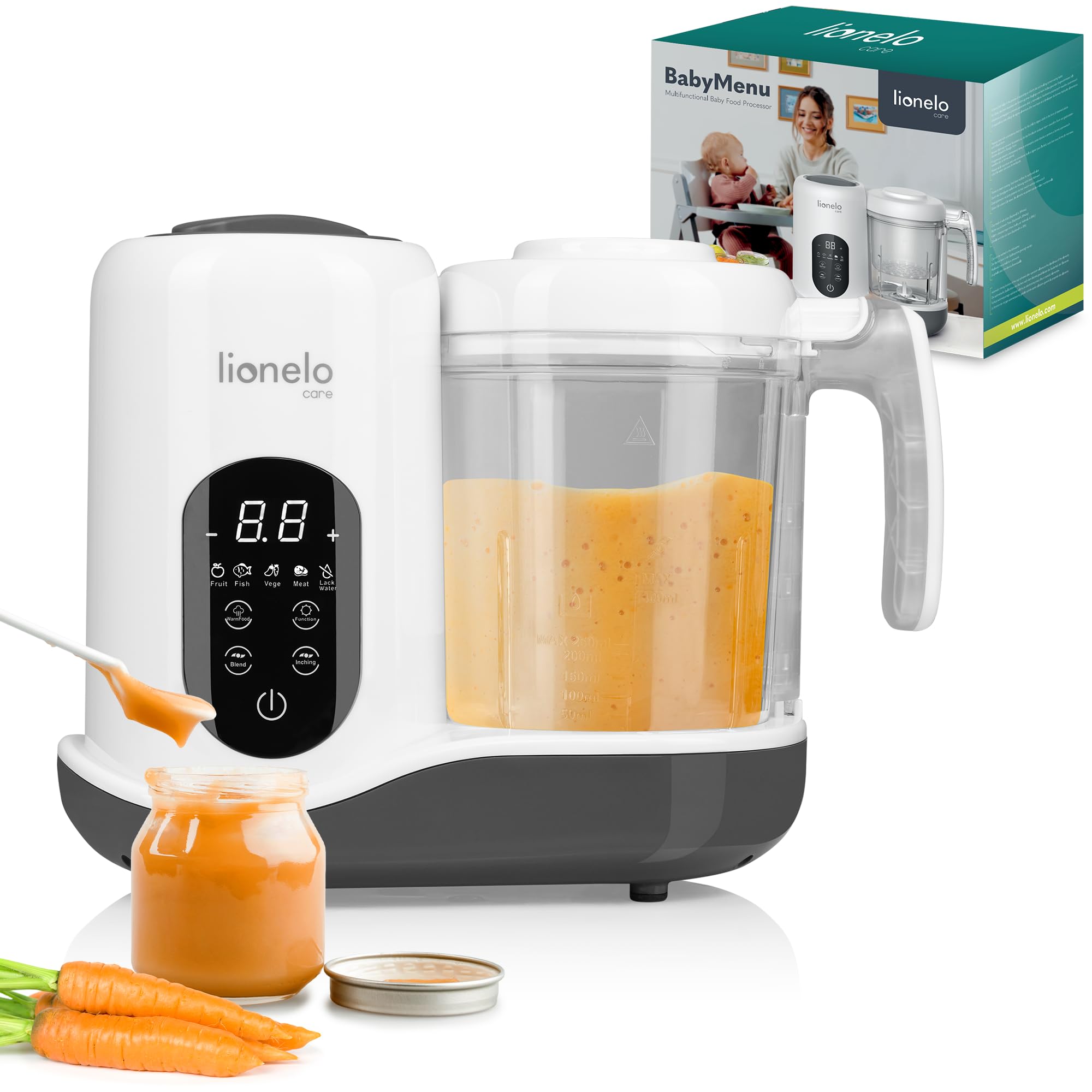 Lionelo Babymenu Robot Bébé Cuiseur Mixeur Pour Bébé Multifonctionnel 300; 4 Programmes; Cuisson À La Vapeur, Mixage, Réchauffage, Décongélation, Recettes En Ligne