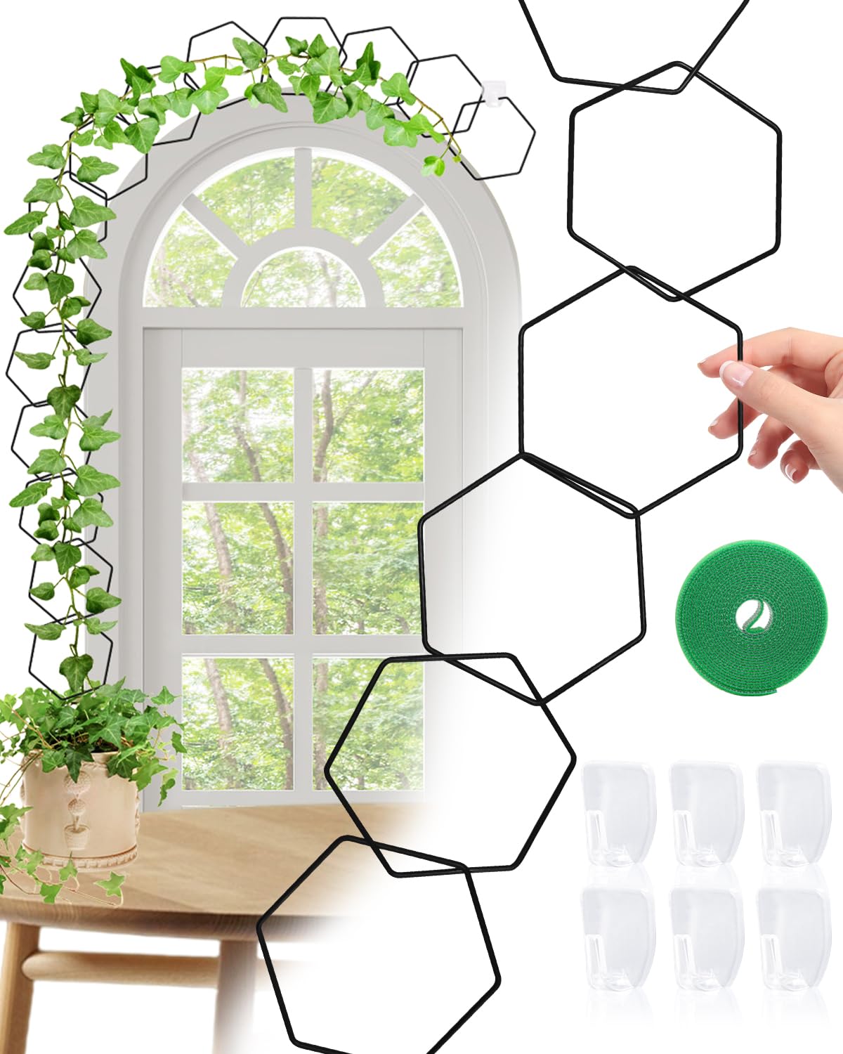 Photo 1 of 18 Pcs Garden Chain Trellis for Indoor Climbing Plants, Unique 6-Corner Plant Accessory with Hooks and Ties, Wall Trellis Plant Support for Hoyas, Ivy, Monstera Outdoor (Black)