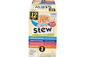 INABA Churu Stew for Cats, Side Dish Pouch with Vitamin E, 1.4 Ounces per Pouch, 12 Pouches, Chicken & Seafood Variety