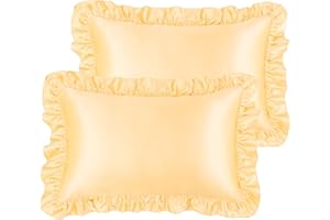 PiccoCasa Luxury Ruffled Pillow Shams Set of 2, Retro Silky Pillow Cover with Ruffle, 85 GSM Satin Pillowcases with Envelope Closure Standard Gold