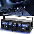 Nilight 6 Gang Rocker Switch Box 12V SPST ON Off Switch QC 3.0 USB Charger Voltmeter Waterproof Aluminum Rocker Switch Panel Night Glow Stickers for Boats Cars RVs Trucks, 2 Years Warranty,Blue
