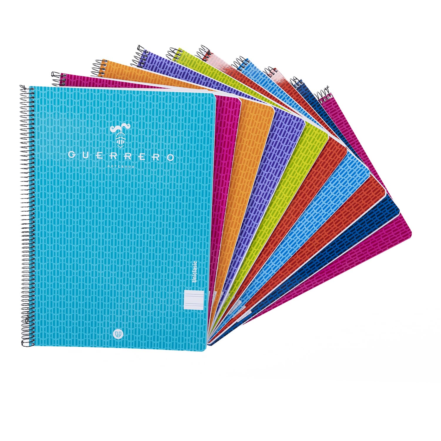 Unipapel 98452198 Pack of 5 Notebooks, Fourth, Spiral, 1 Line, 80 Sheets 90 g, Polypropylene Covers, Assorted Colours, Warrior 08-Uniclasic