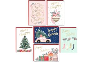 BGTCARDS 24 Pack Gold Foil Christmas Cards with Envelopes and Inside Messages 6 Assorted Designs Christmas Cards Bulk for Friends, Family, Kids, Boys, Girls.