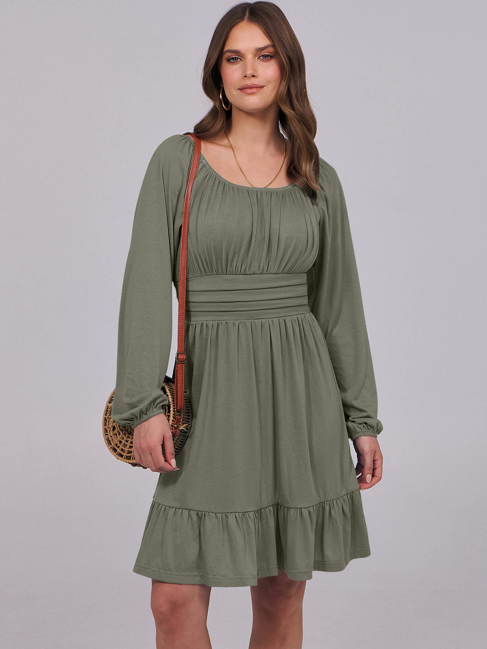 ANRABESS Womens Dress Long Lantern Sleeve Square Neck Elastic Waist Ruffle Flowy Swing A-Line Short Dresses 2025 Fall Fashion Army Green X-Small - Image 3