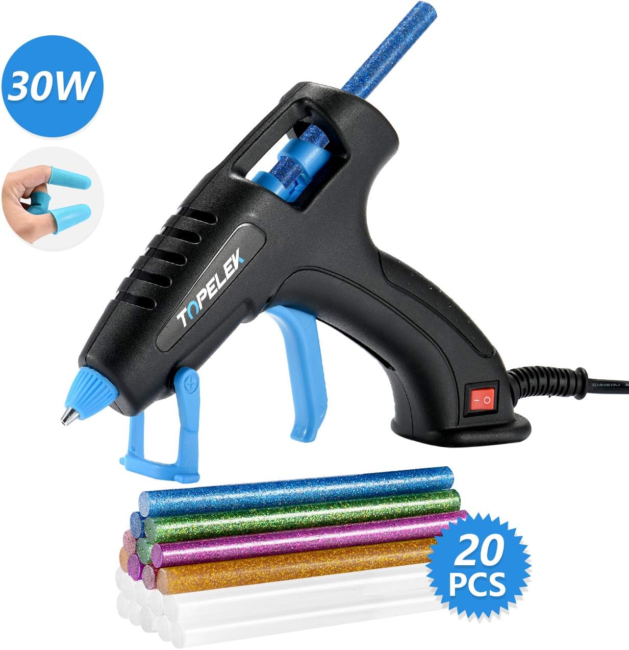 TOPELEK Hot Glue Gun, 30W Glue Gun Kit with Longer Handle, 3 Finger Protectors, 20pcs Glue Sticks, Melting Gun for Small DIY Projects, Arts & Crafts, Home Quick Repairs, Black: Home & Kitchen