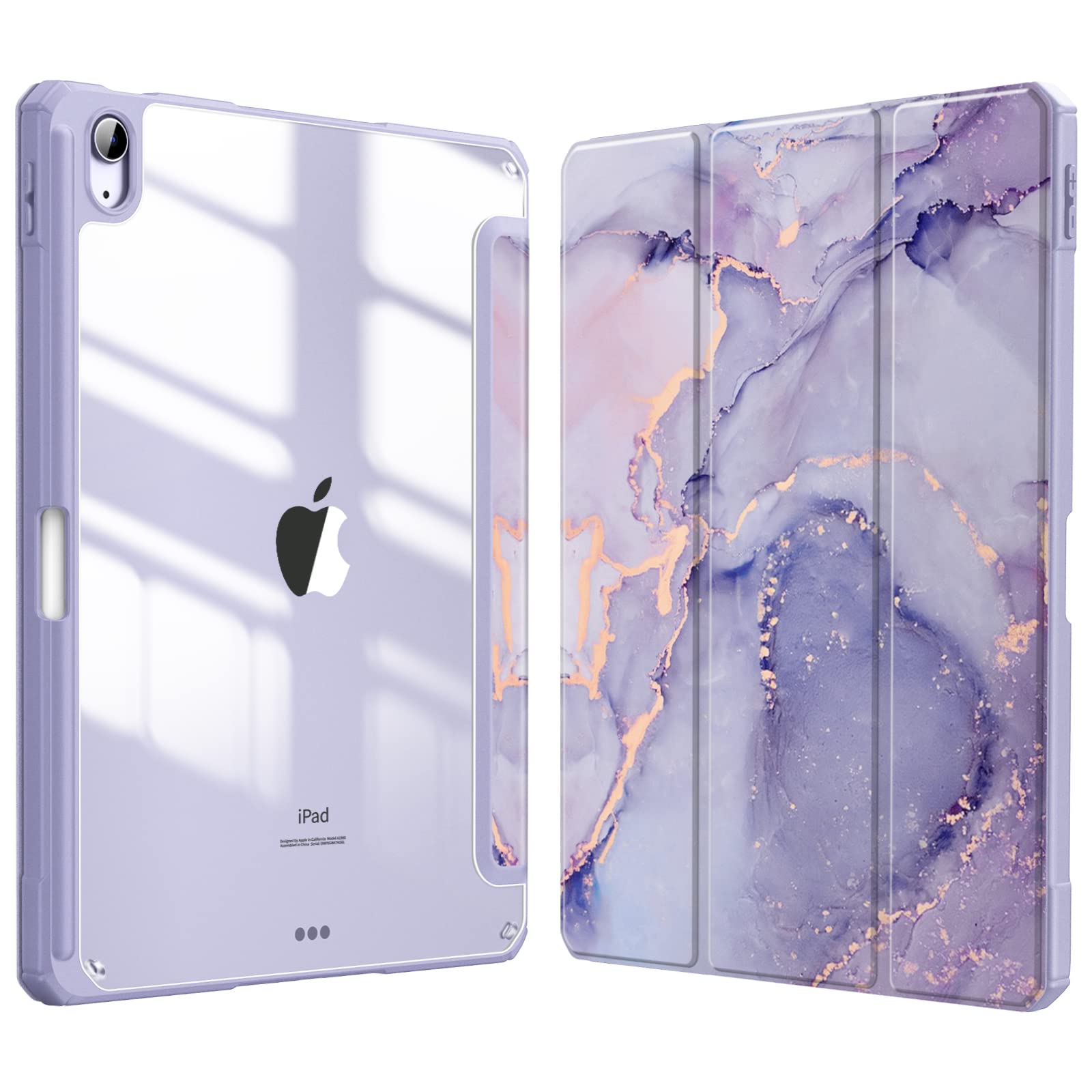 FINTIE Hybrid Case for iPad Air 11 Inch M4 (2026)/M3 (2025)/M2 (2024), iPad Air 5th/4th Generation (2022/2020) 10.9 Inch - Shockproof Slim Clear Acrylic Cover with Pencil Holder, Lilac Marble