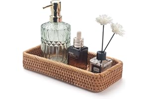 DECRAFTS Rattan Bathroom Vanity Trays Toilet Tank Baskets Long Narrow Hand Towel Storage Basket for Storage, Decorative (Natural 10.2 x 4.9 x 1.6 inch)