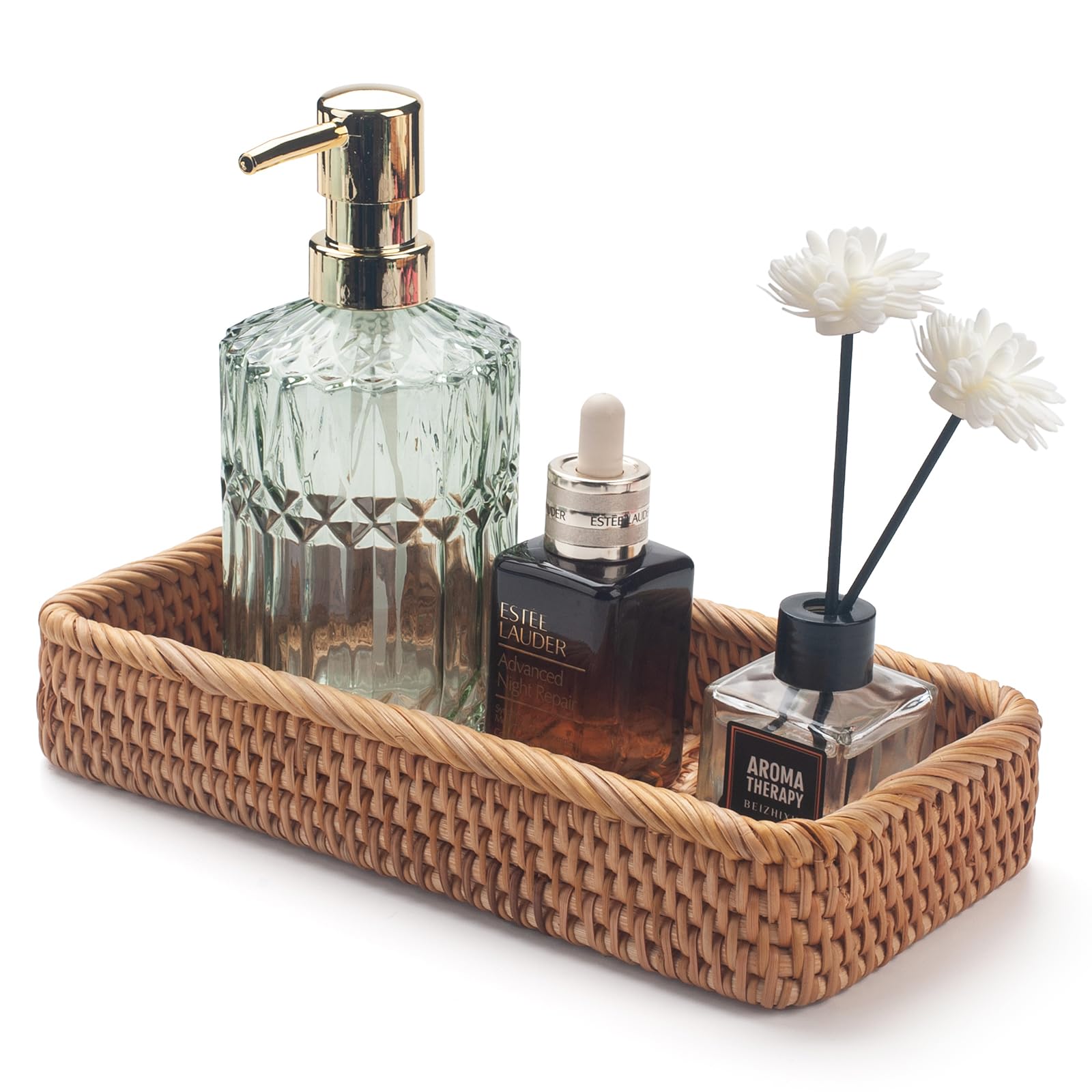 Rattan Bathroom Vanity Trays Toilet Tank Baskets Long Narrow Hand Towel Storage Basket for Storage, Decorative (Natural 10.2 x 4.9 x 1.6 inch)