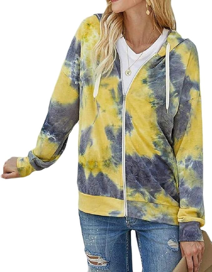Womens Drawstring Zip Up Hooded Casual TieDyed Sweatshirt Jacket Coat