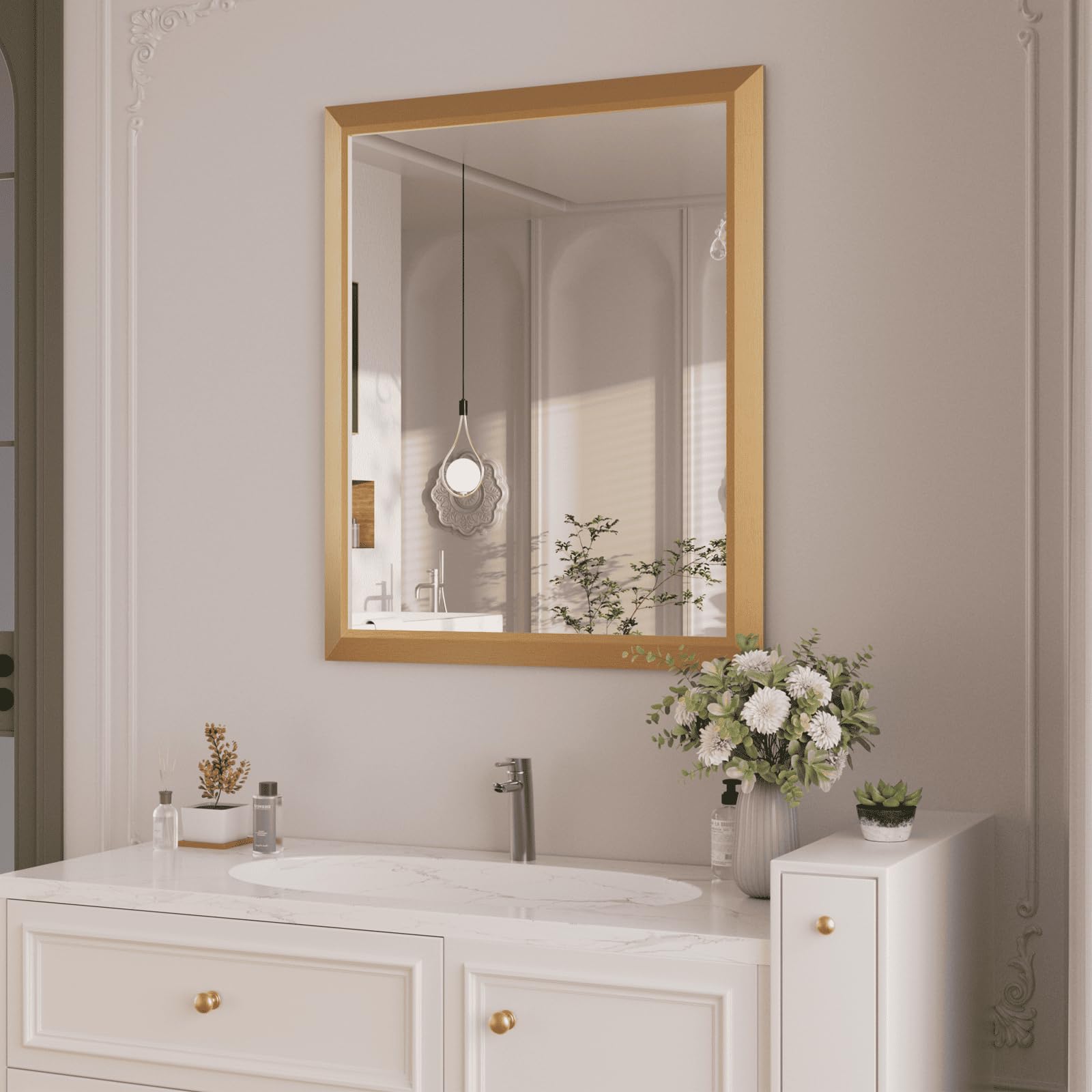 Amorho Bathroom Mirror, 28x36 Inch Golden Thick Metal Framed Wall Mirrors for Over Sink, Wall-Mounted Mirrors Perfect for Bedroom, Living Room, Entryway, Rectangle (Horizontal/Vertical). Image