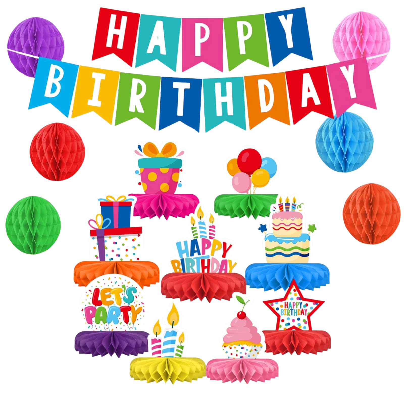 Photo 1 of 16-Piece Vibrant Birthday Decoration Set - Includes 9 Colorful Honeycomb Balls, 1 Festive Banner, and 6 Assorted Honeycomb Orbs for a Memorable Celebration