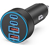 [4 in 1] USB C Car Charger, 4-Port 90W Super Fast Charging Cigarette Lighter Adapter, Dual 45W USBC & USB-A Multiport Car Phone Charger Accessories for iPhone 17 16 15 14 13 12, iPad, Galaxy, Tablet