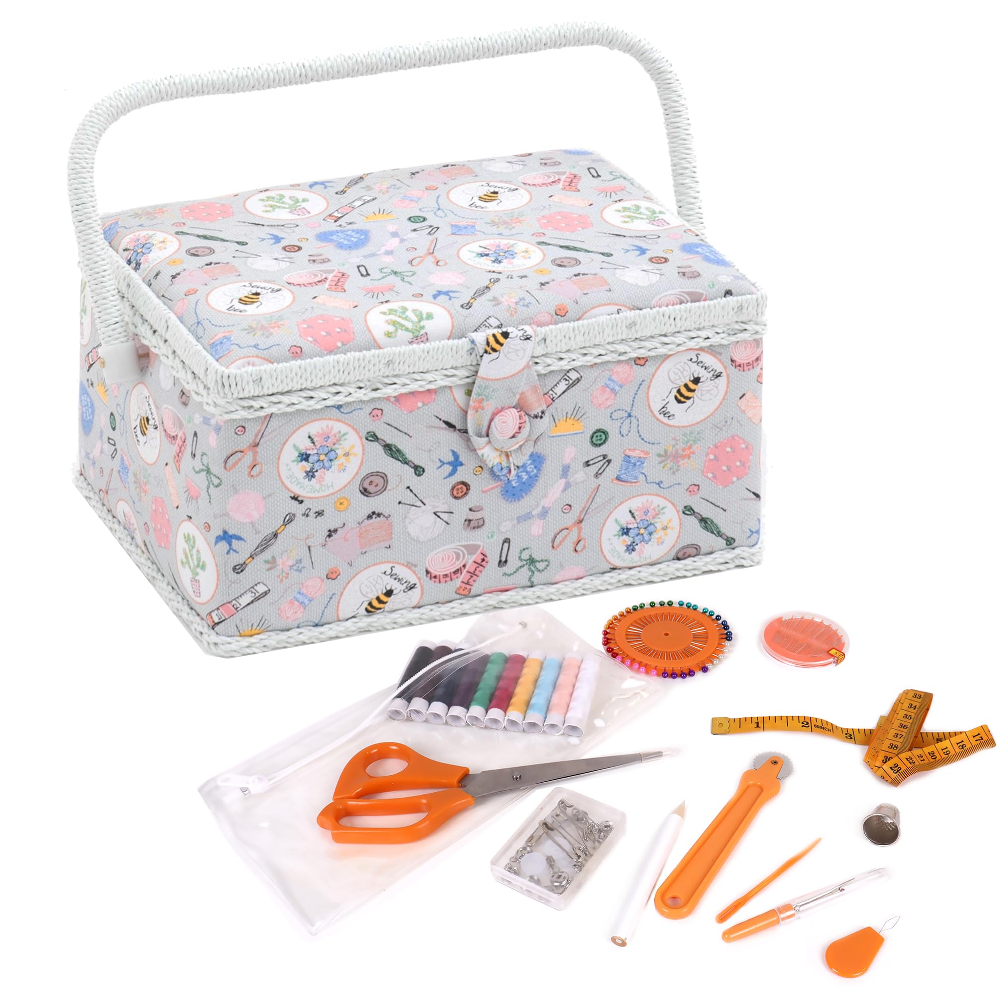 Hobby Gift Medium Sewing Box Organiser Kit with Handle - Cotton Basket Sewing Storage Box, Craft Storage Boxes with Compartments for Tools & Accessories - 18.5 x 25.5 x 14.5cm, Homemade
