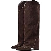 EQAUDES Women's Shark Studded Fold Over Knee High Boots Tall Pull-on Snip Toe Cowboy Cowgirl Slouch Boot Dress