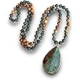 BALOOLA Long Genuine Stone beads and Pendant Necklace for Woman. Hand Knotted natural stone beads with big non-precious stone statement necklace. HANDMADE Boho Jewelry for women (Turquoise Green)