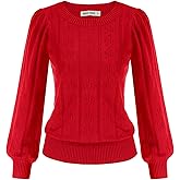 GRACE KARIN Women's Long Lantern Sleeve Crew Neck Crochet Top Hollow Out Fall Pullover Sweater