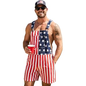 EachWell Men's American Flag Shorts Overalls Denim Patriotic Adjustable Straps Bib Coveralls 4th of July Jumpsuit