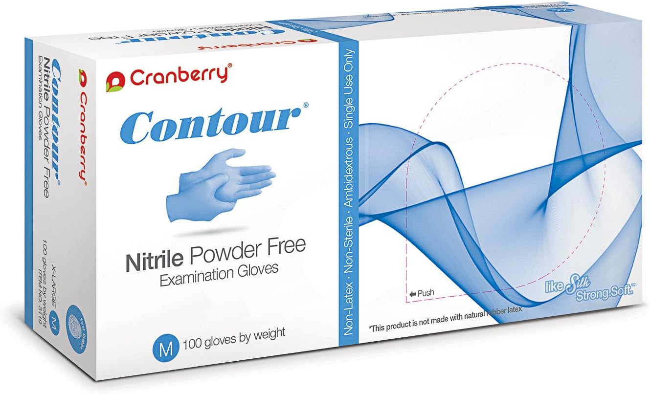 Cranberry USA CR3117 Contour Nitrile Powder Free Exam Gloves, Medium, Blue (Pack of 100)