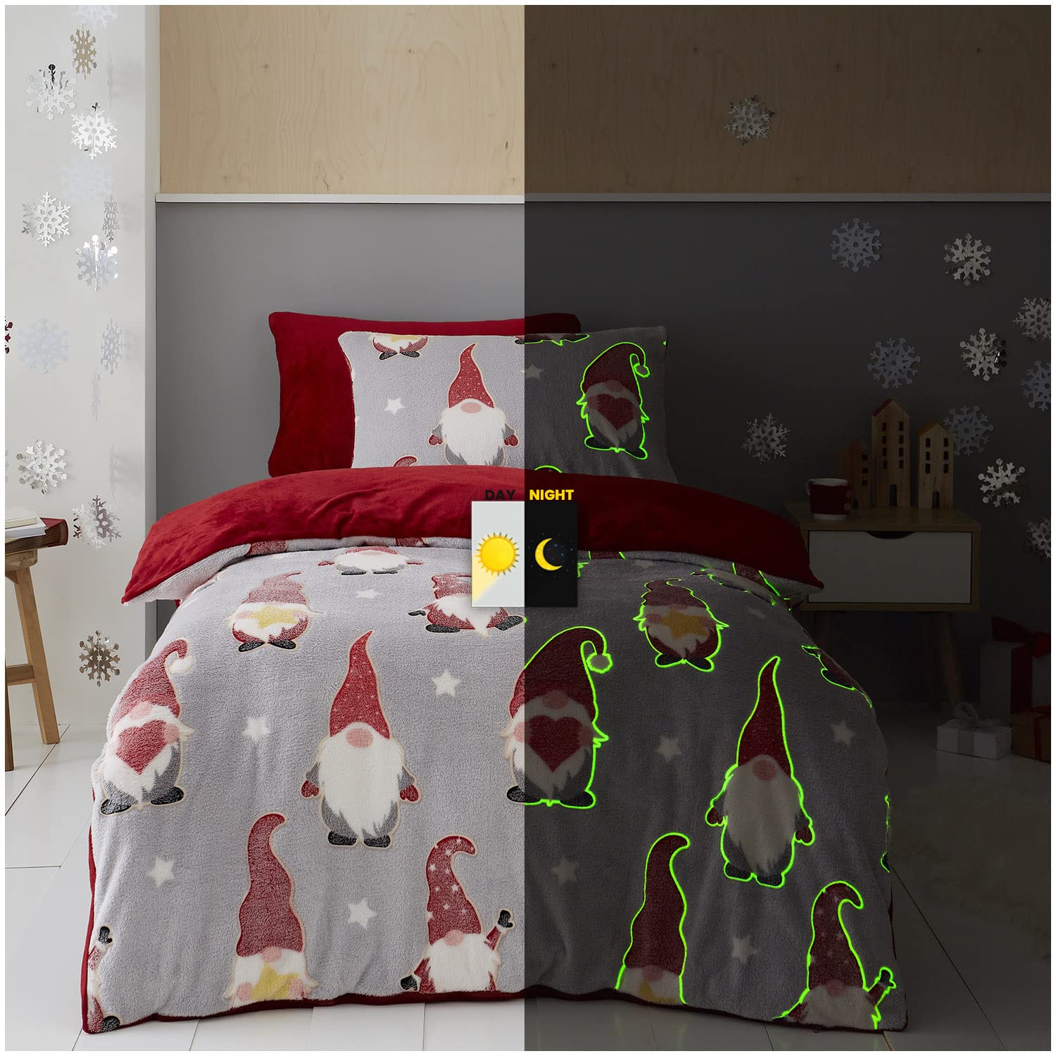 GC GAVENO CAVAILIA Teddy Glow In Dark Duvet Cover, Super Soft Snuggle Fluffy Fleece Quilt Bedding Set, Gonkmas Elves, Single Glow in Dark Gonkmas Elves