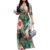 Women's Floral Print Maxi Dresses Plus Size 3/4 Sleeves Flowy Long Dress V Neck Sundress with Belted（Floral7 2XL）