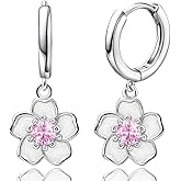 Dangle Hoop Earrings for Women-Sterling Silver Pink CZ Cherry Blossoms Hoop Earrings Small Shiny Crystal Flower Sakura Drop Huggie Earrings Cute Dainty Romantic Jewelry for Women Mom Wife Birthday