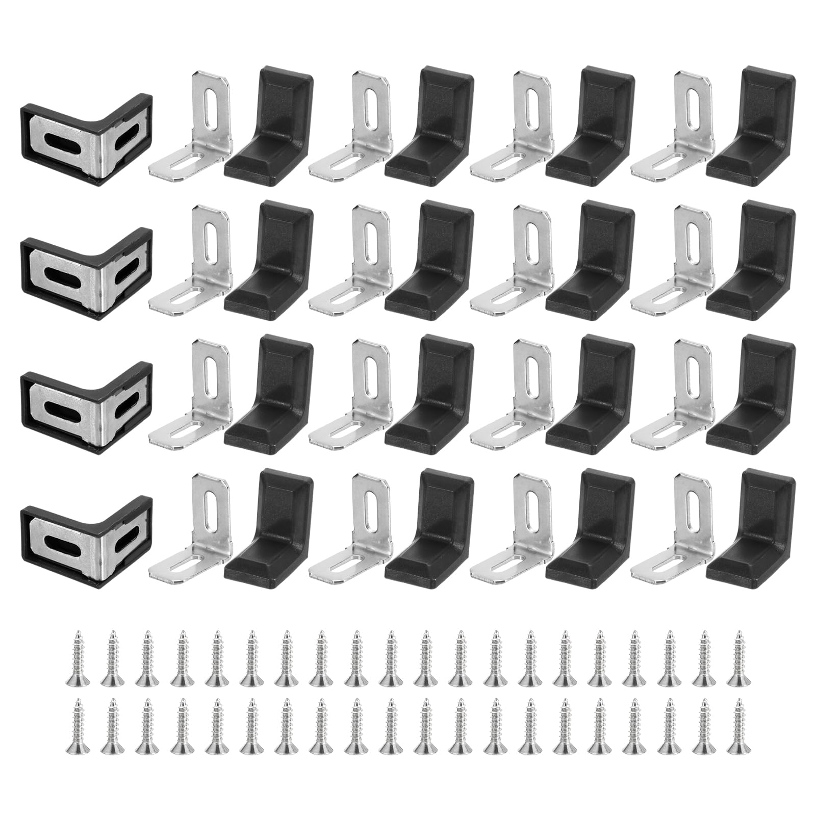 uxcell 40pcs Metal Plastic L Shaped Angle Bracket, 28x28x17mm Shelf Corner Brace Plate with Screws for Cabinets, Cupboards (Black)
