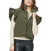 Himosyber Womens Cropped Puffer Vest Ruffle Sleeve Button Down Jacket Stand Collar Winter Warm Padded Gilet with Pockets
