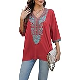 AK Embroidered Tops for Women 3/4 Sleeve Traditional Mexican Shirts V Neck Boho Floral Peasant Tops Loose Tunic Blouses