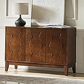 HULALA HOME Modern Kitchen Buffet Cabinet Storage Sideboard with 3D Geometric Design, Freestanding Floor Cabinet with 3 Doors &amp; 2 Adjustable Interior Shelves for Living Room Dining Room Hallway,Walnut