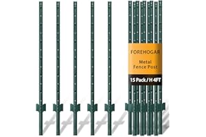 FOREHOGAR Metal Fence Post 4 Feet Green, Pack of 15, T Posts for Wire Fence, No Dig Steel U Post Fencing for Lawn Garden Wire Mesh Fence Poles Sign Outdoor Light Duty