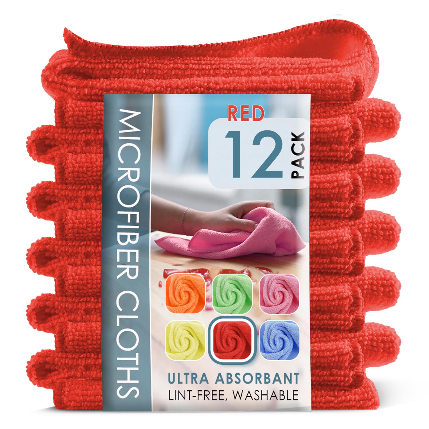 Hearth & Harbor 12 Pack Red Microfiber Washcloths, 12" x 12" Lint Free Cleaning Cloths for Cars, Home & Office