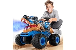 MAGICDINOSAUR 2.4Ghz Remote Control Dinosaur Truck for Kids 3 4 5 6 7 8 Years Old, RC Dino Car for Toddlers, Hobby RC Monster Car with Light & Sound, Spray Features, Gift for Boys Girls