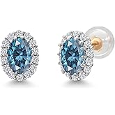 Gem Stone King 10K Solid Gold Post and Sterling Silver Customized and Personalized 6X4MM Oval Gemstone Birthstone and White Lab Grown Diamond Halo Earrings For Women