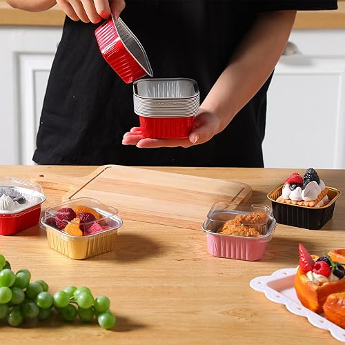 Skylety 100 Pcs oz Mini Square Baking Pan with Lid Aluminum Foil