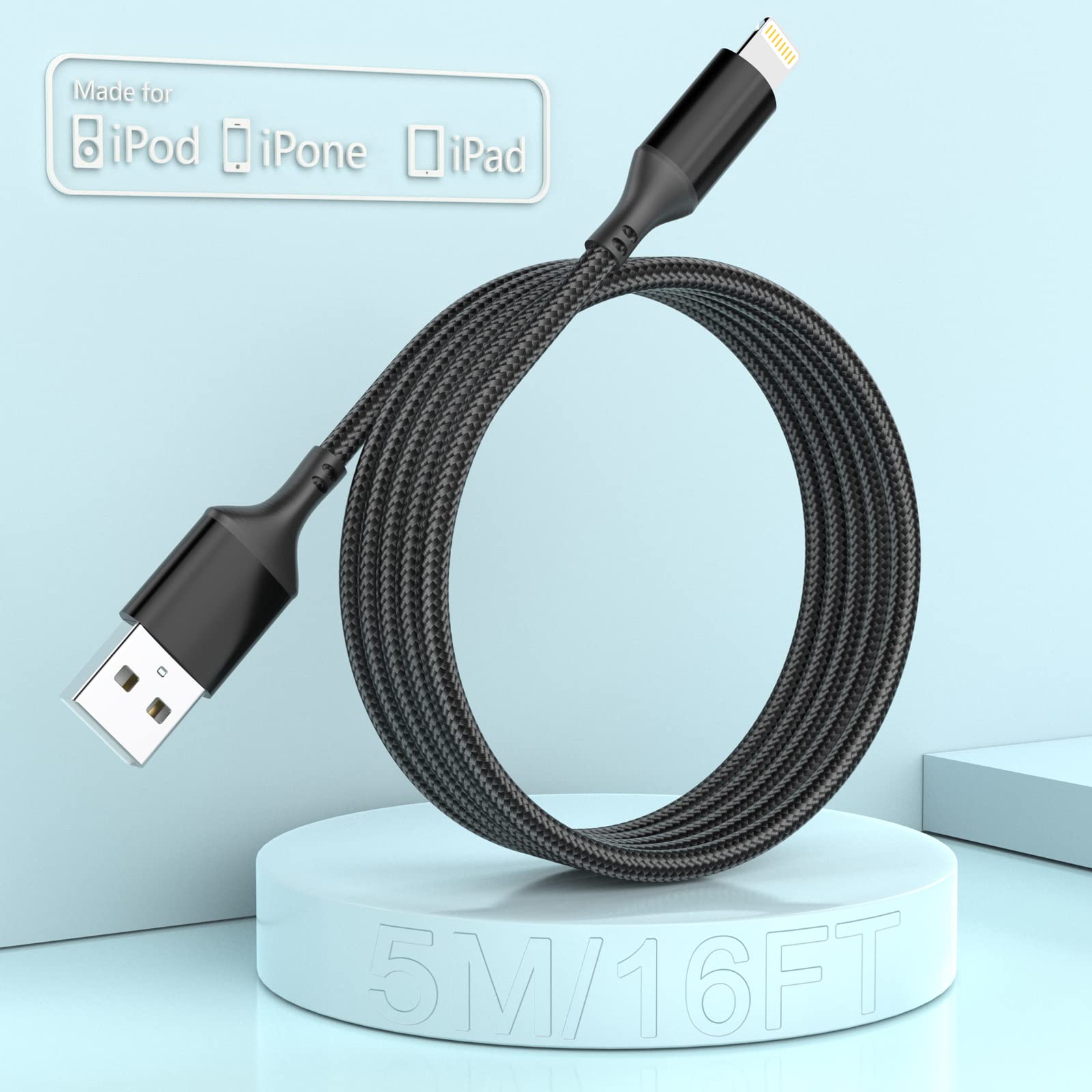Long iPhone Charger Cable 5M Cable MFI Certified Lightning16FT Extra Long USB Charging Cable Suitable for Apple iPhone 12/11/XR/XS Max/X/8/8 Plus/7/7 Plus/6/6s/Plus/SE/5c/ 5s/ 5 Pad Air 2/ Pod
