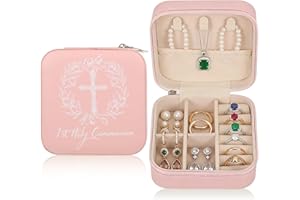 PAJIXANTHIC First Communion Travel Jewelry Box, Small Pink Case with Zipper & Soft Lining, Christian Keepsake Organizer for R