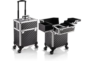 Stagiant Rolling Makeup Train Case Large Storage Cosmetic Trolley 4 Tray with Sliding Rail Removable Middle Layer with Key Swivel Wheels Salon Barber Case Traveling Cart Trunk