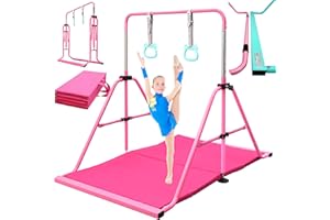 PreGymnastic Folding Gymnastics Bar with Rings, Foldable Kip Bar with Sturdier Base, Training Bar for Kids Ages 3-10, Horizontal Bar, Home Gym Equipment for Boy Girl